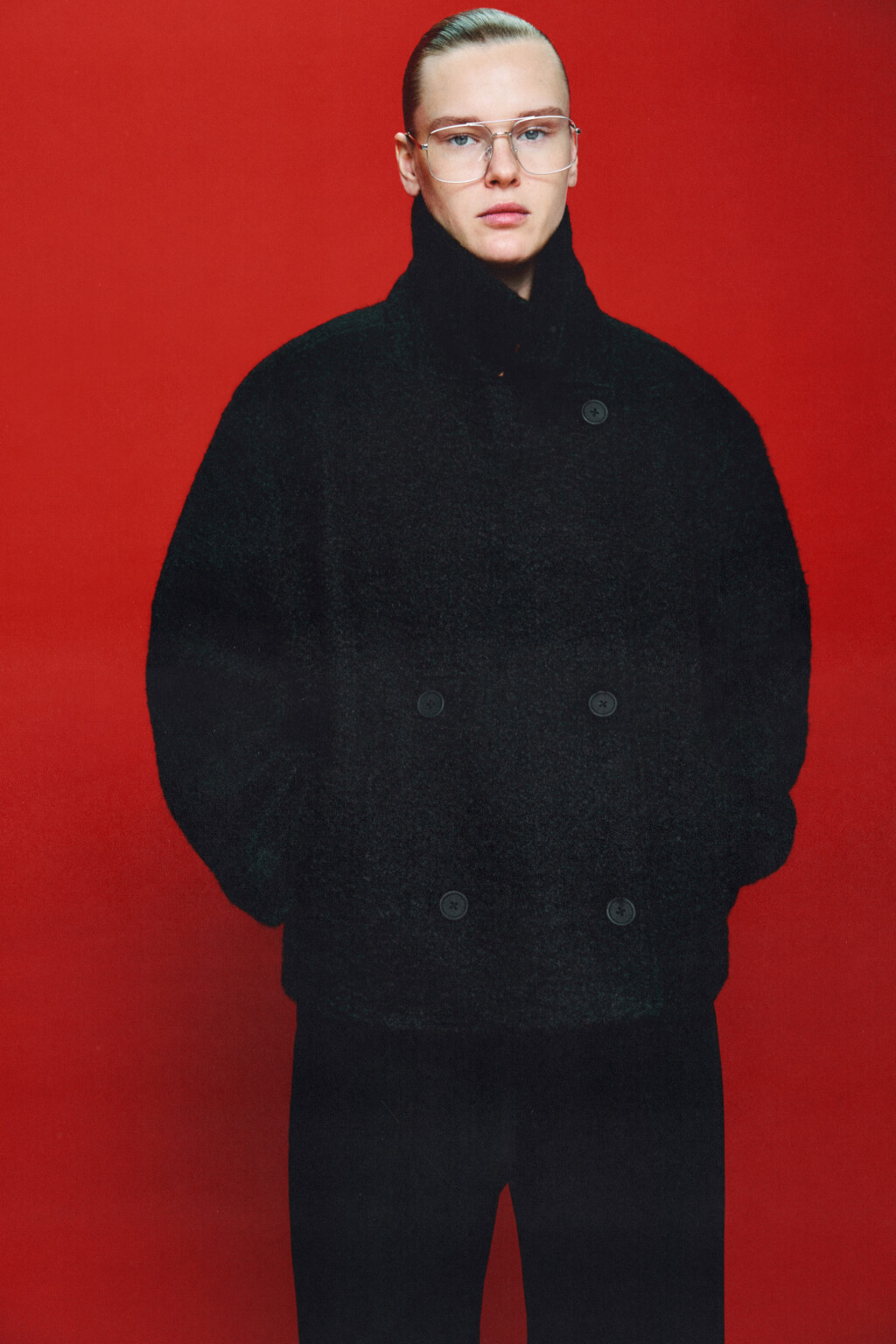 Полупальто драповое двубортное - цвет черный - 2