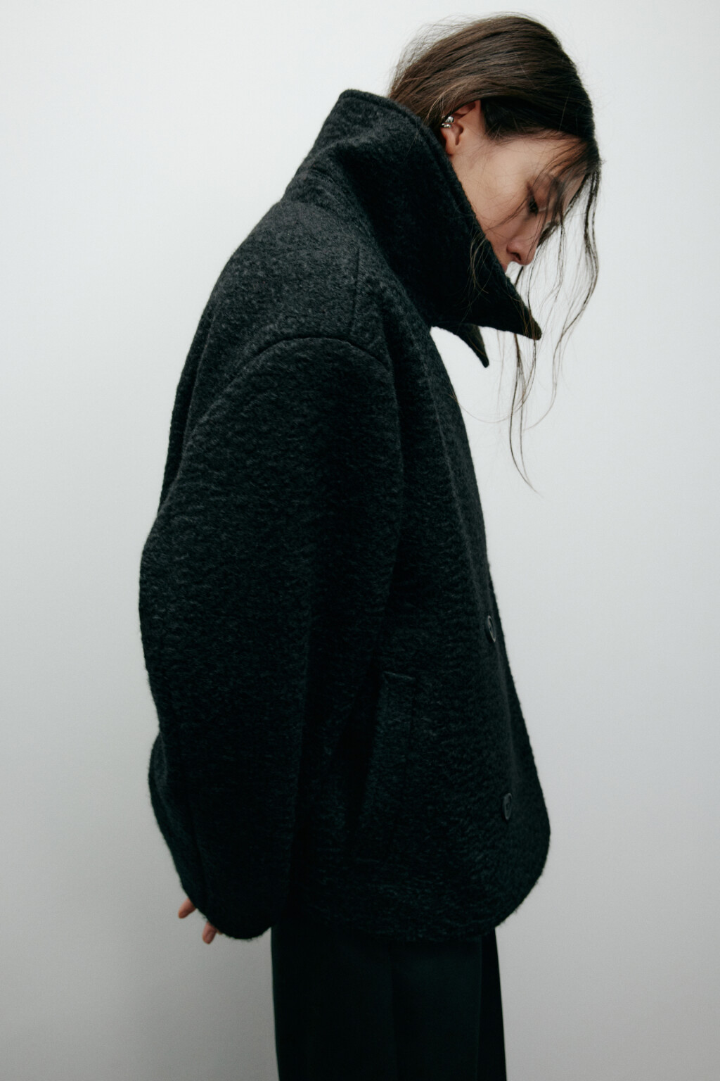 Полупальто драповое двубортное - цвет черный - 4