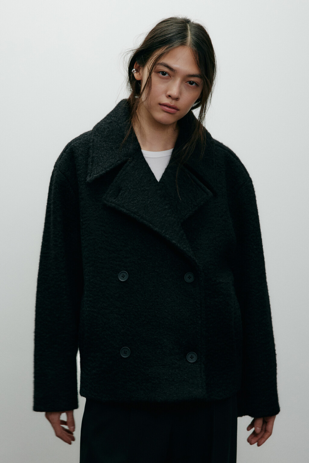 Полупальто драповое двубортное - цвет черный - 6