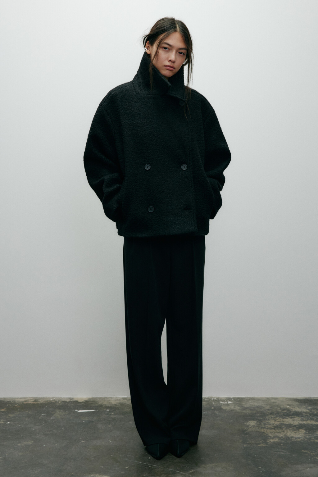 Полупальто драповое двубортное - цвет черный - 8