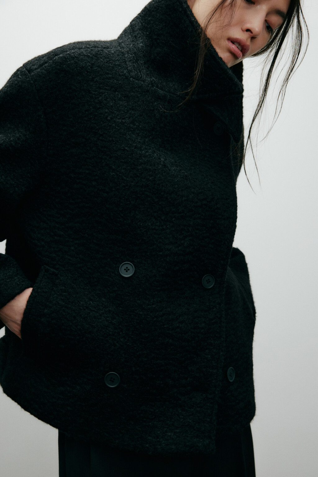 Полупальто драповое двубортное - цвет черный - 9