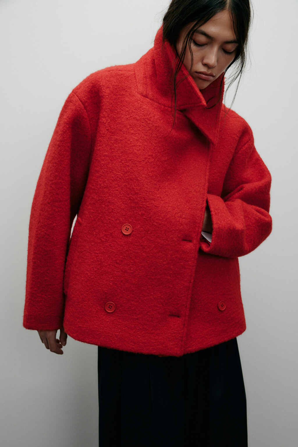 Полупальто драповое двубортное - цвет красный - 2