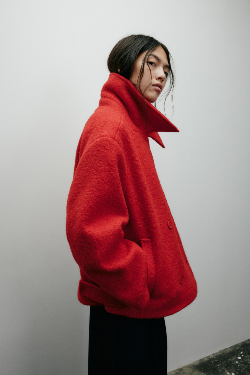 Полупальто драповое двубортное - цвет красный - 3