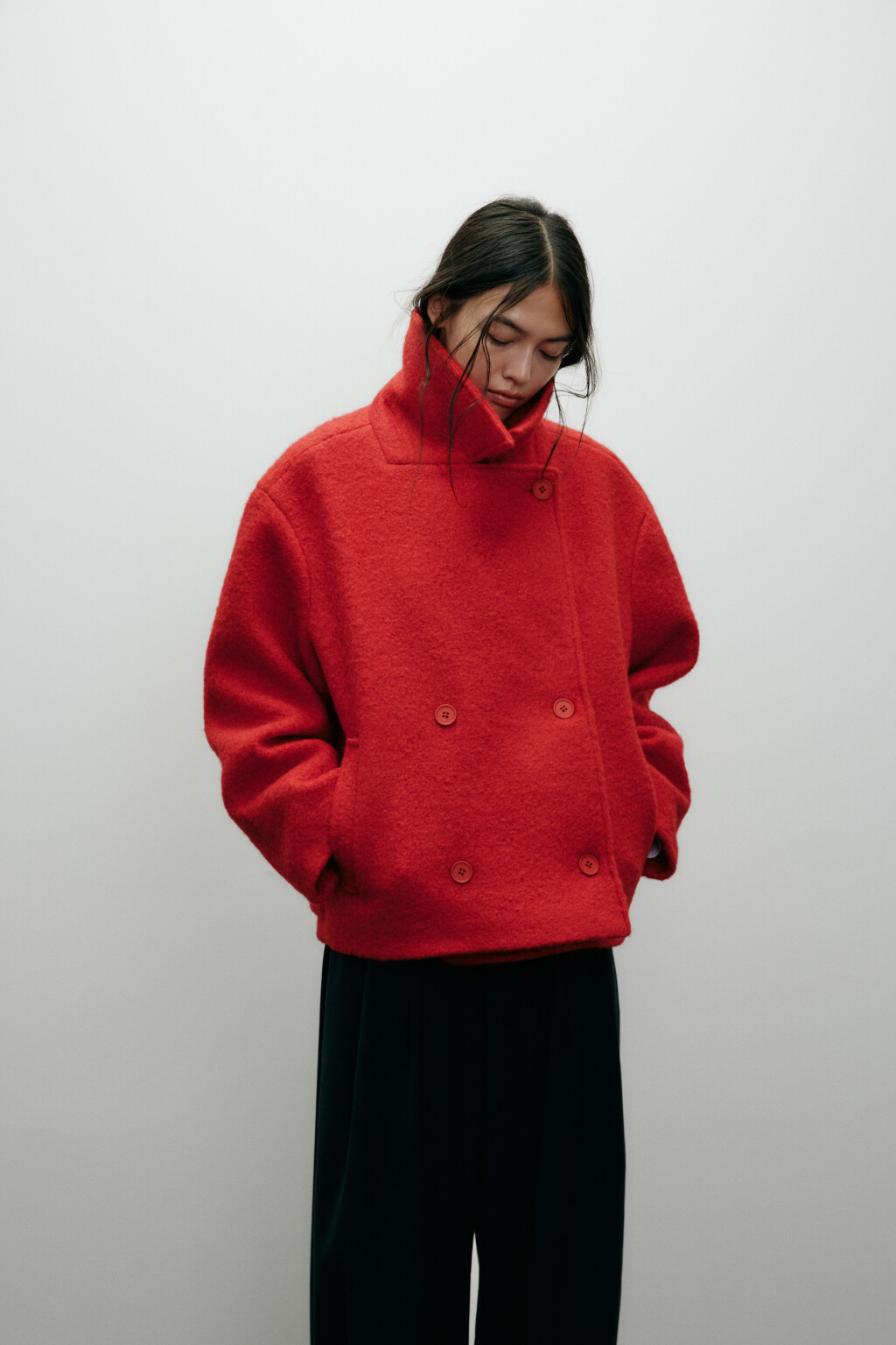 Полупальто драповое двубортное - цвет красный - 4
