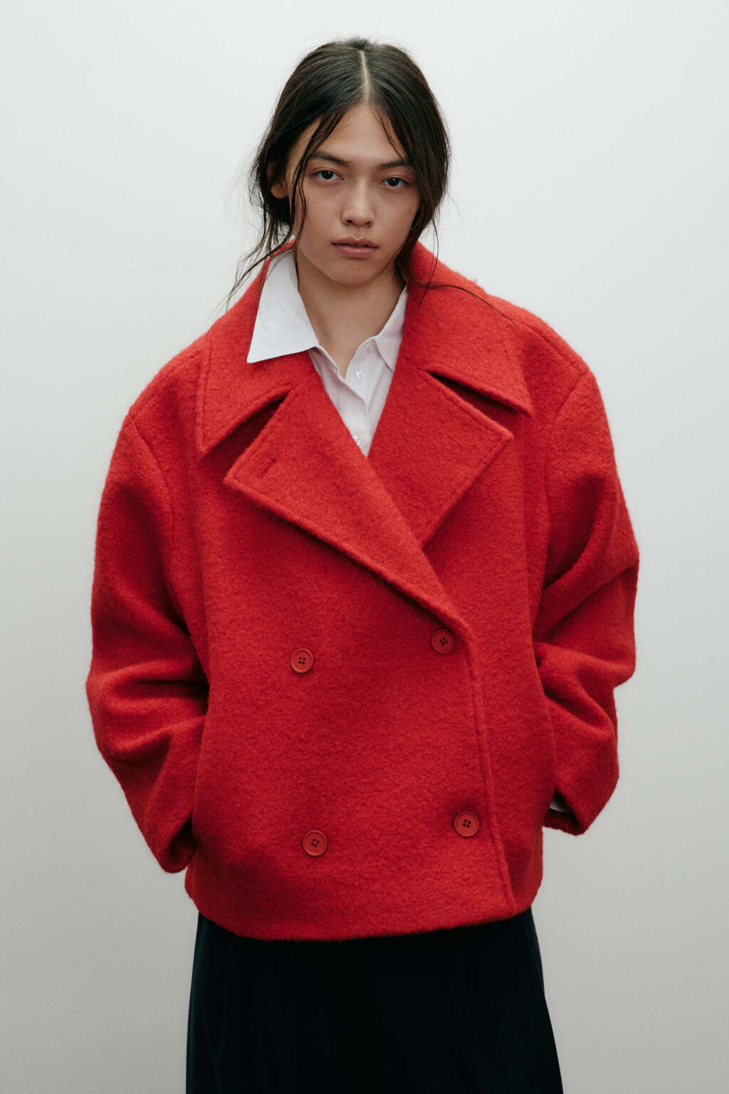 Полупальто драповое двубортное - цвет красный - 5