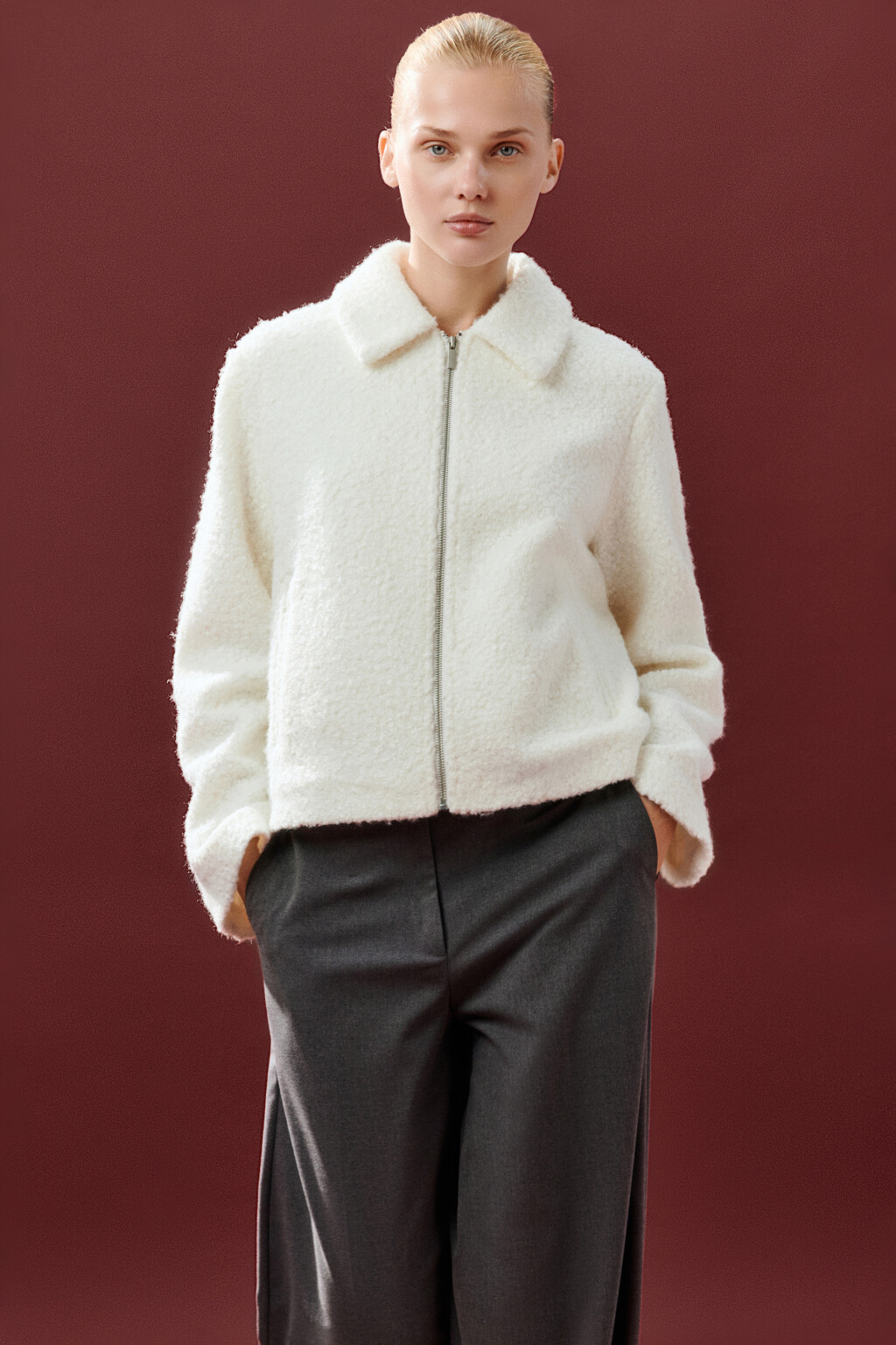 Куртка драповая на молнии - цвет молочный - 1