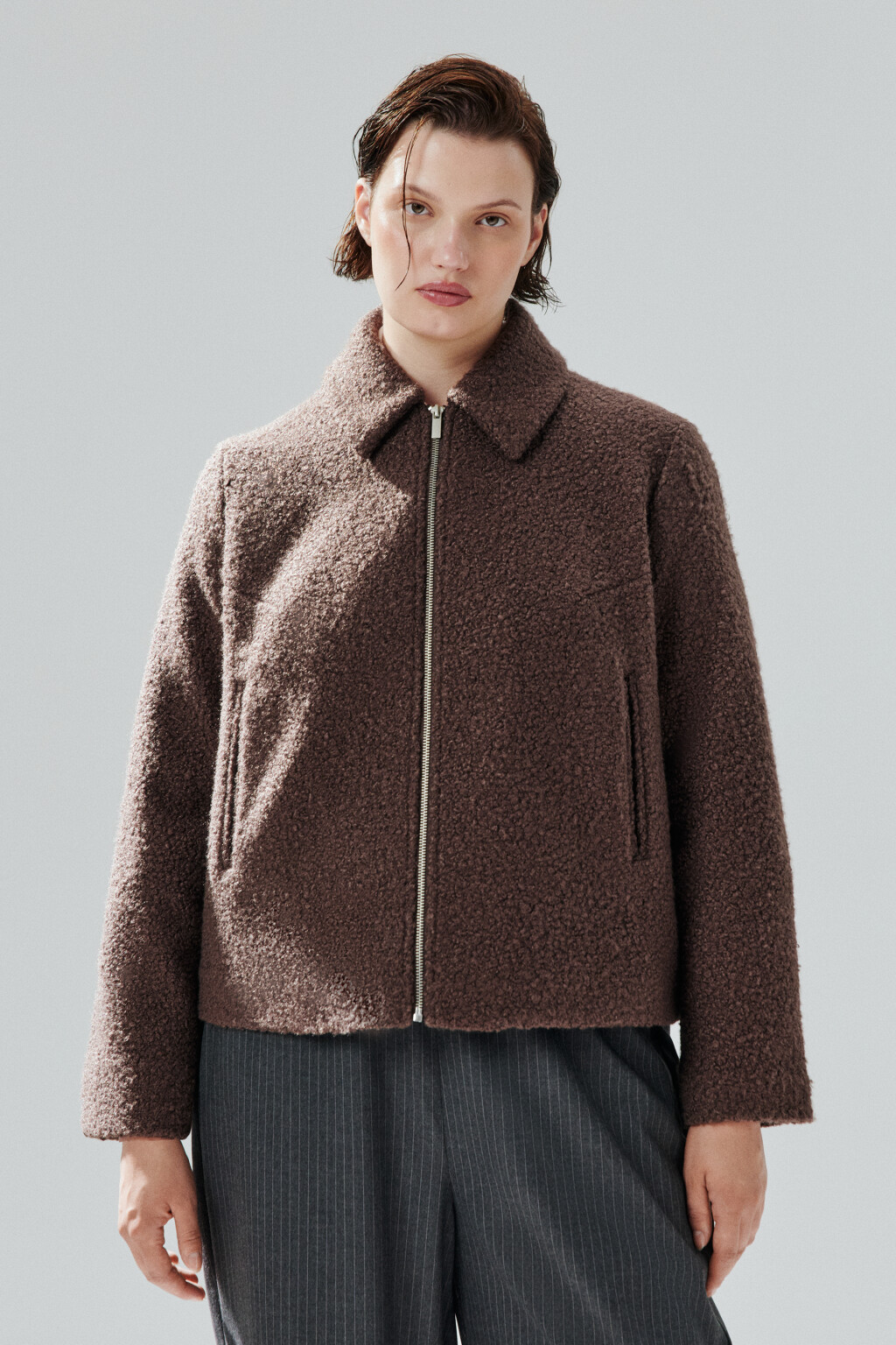 Куртка драповая на молнии - цвет коричневый - 2