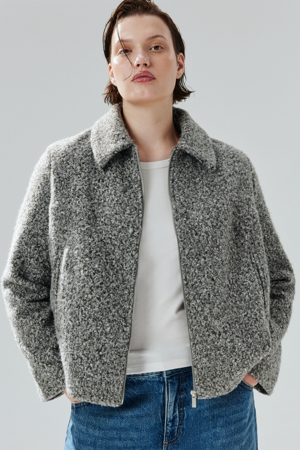 Куртка драповая на молнии - цвет серый - 2