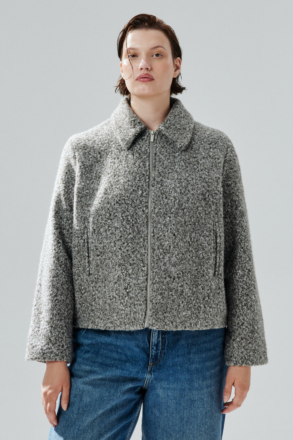 Куртка драповая на молнии - цвет серый - 3