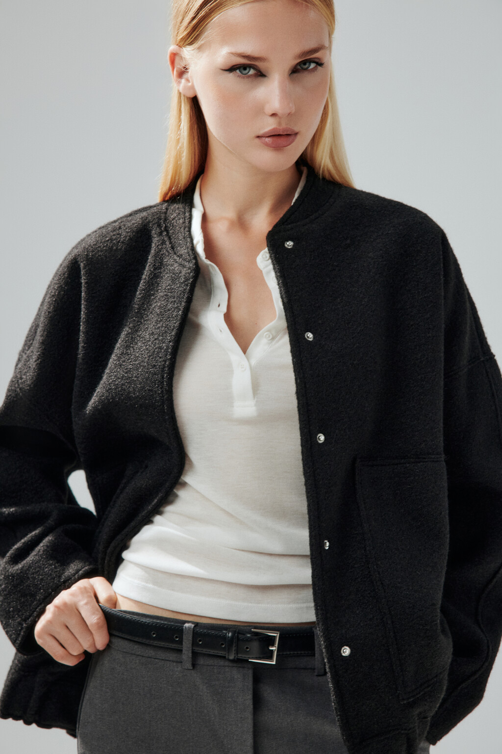 Куртка-бомбер из драповой ткани - цвет черный - 1