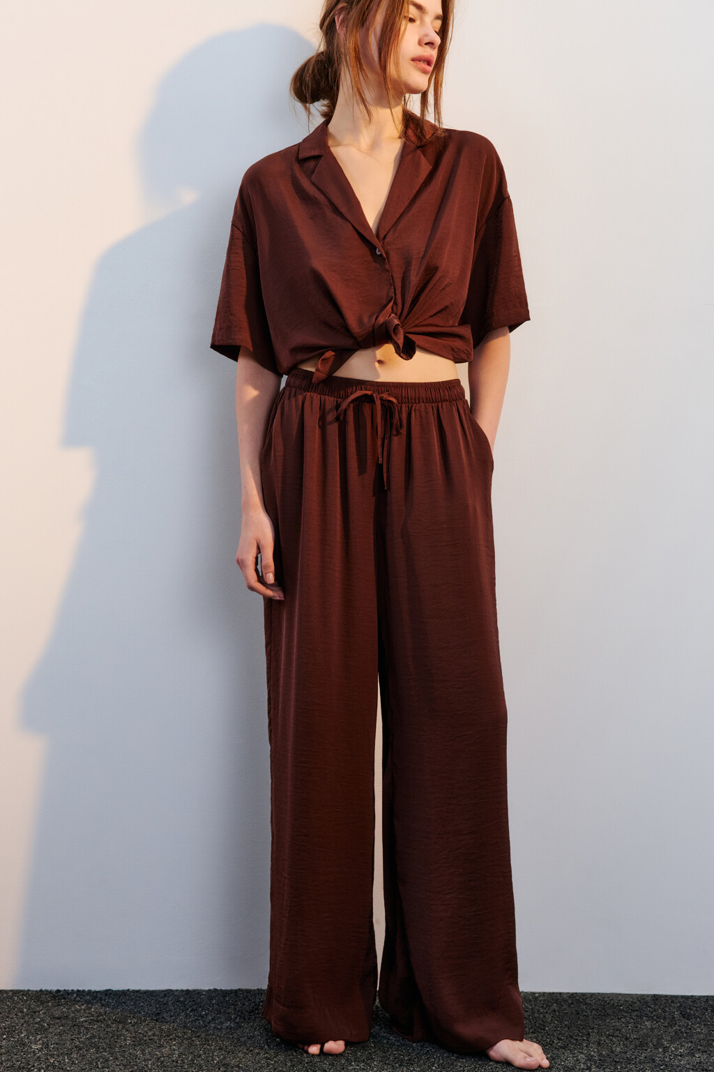 Брюки домашние атласные - цвет коричневый - 1