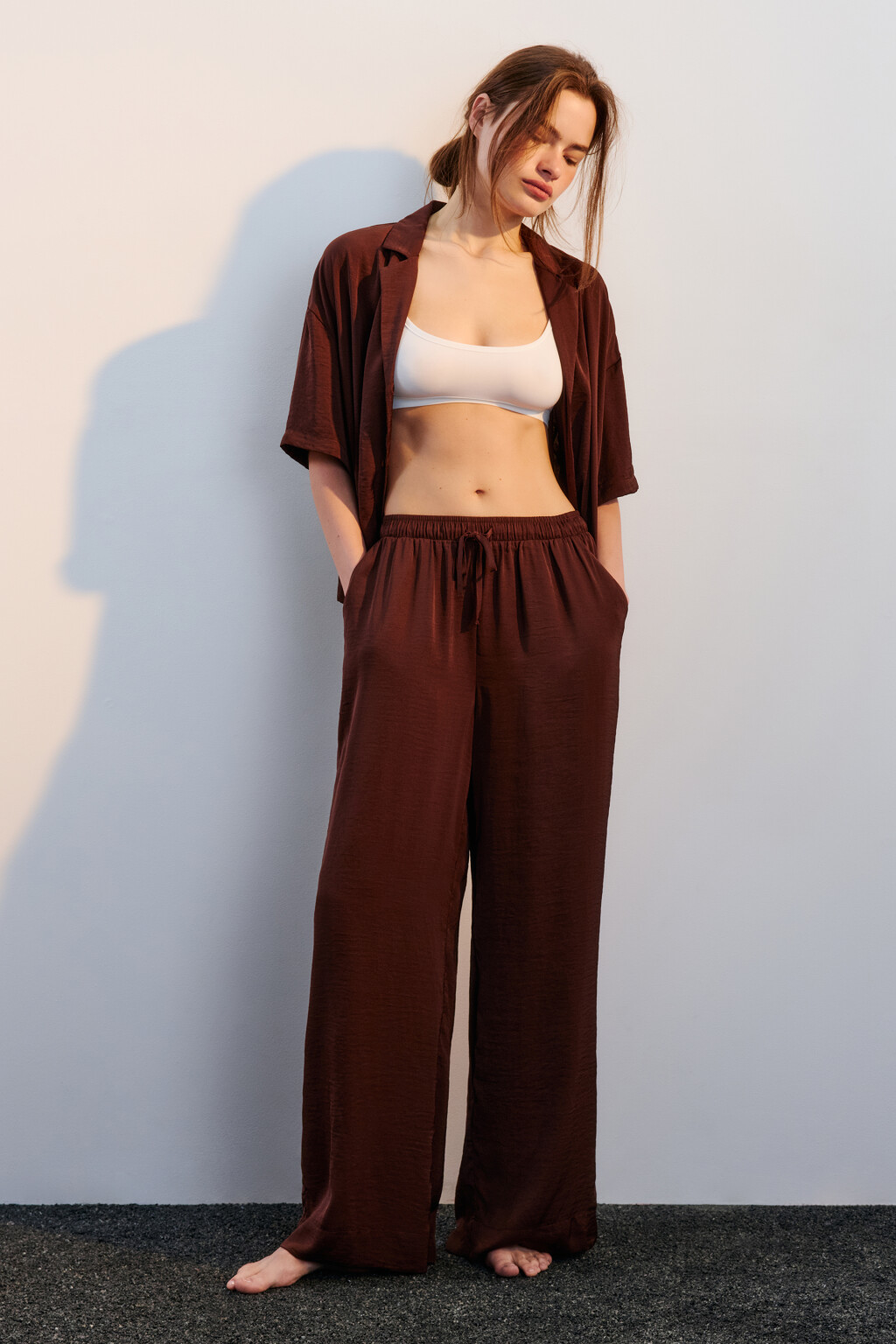 Брюки домашние атласные - цвет коричневый - 4