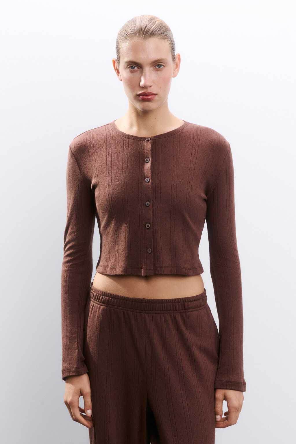 Лонгслив домашний на пуговицах - цвет коричневый - 2