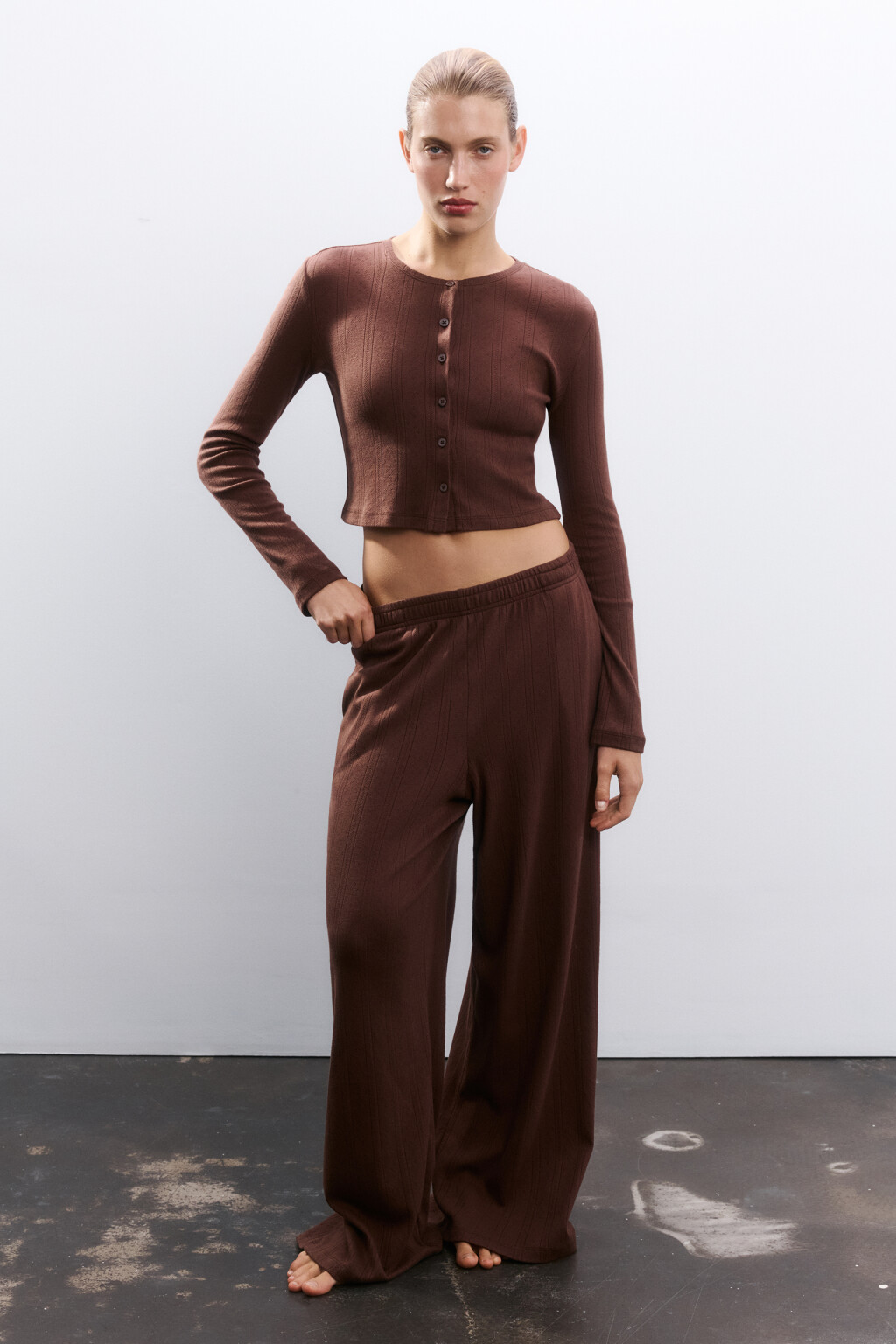 Лонгслив домашний на пуговицах - цвет коричневый - 4