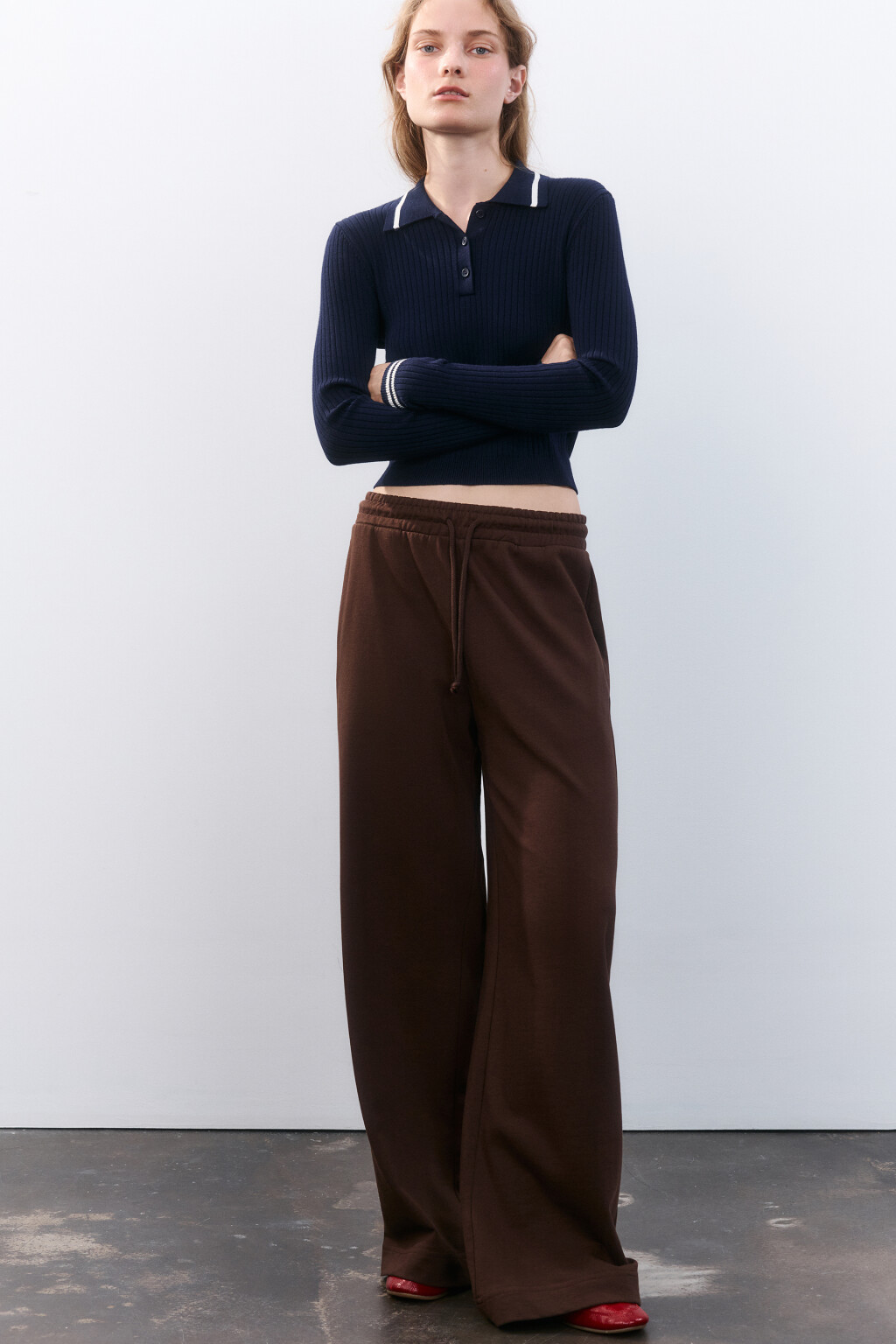Брюки широкие трикотажные из футера - цвет коричневый - 1