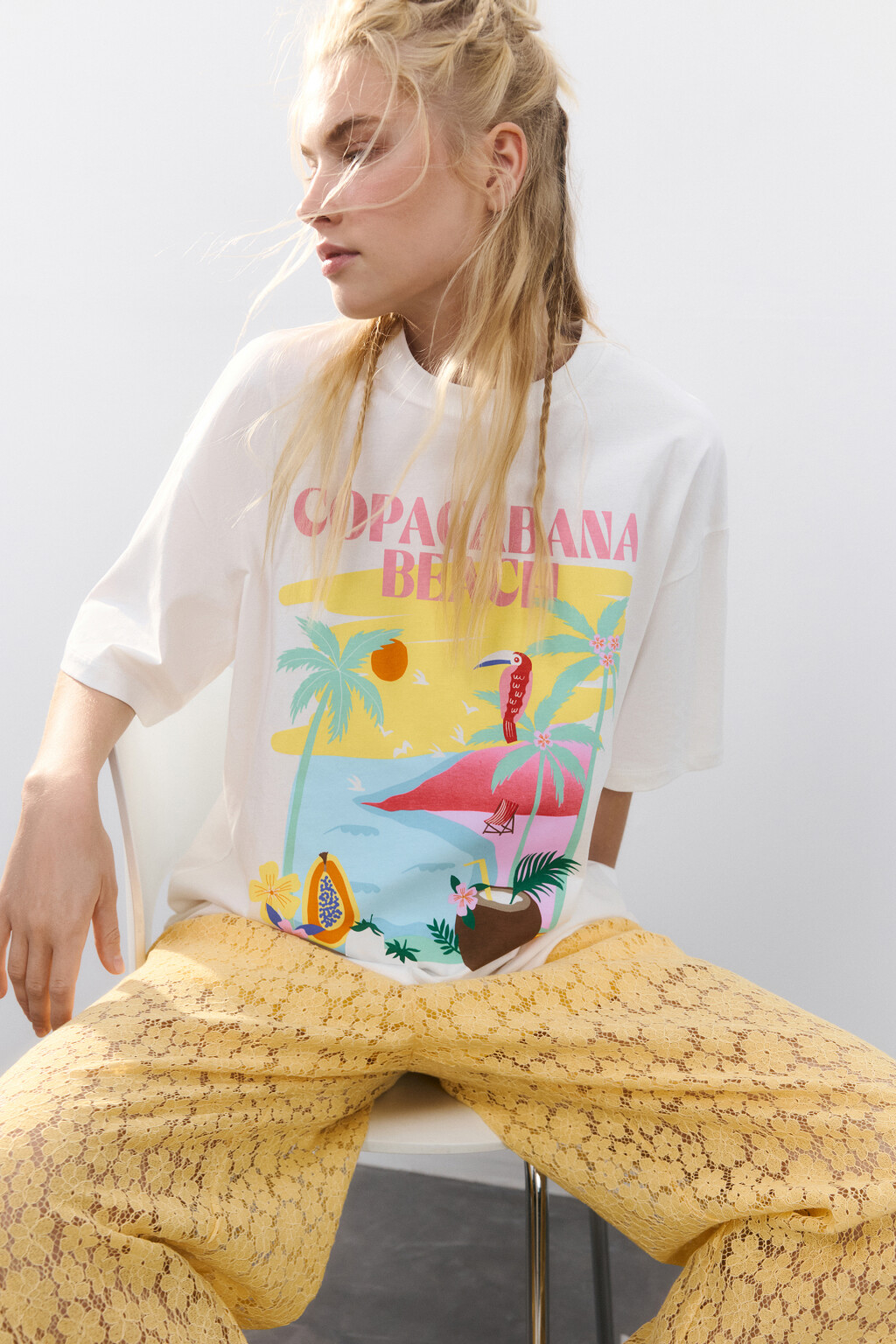 Футболка oversize хлопковая с принтом - цвет бежевый - 1