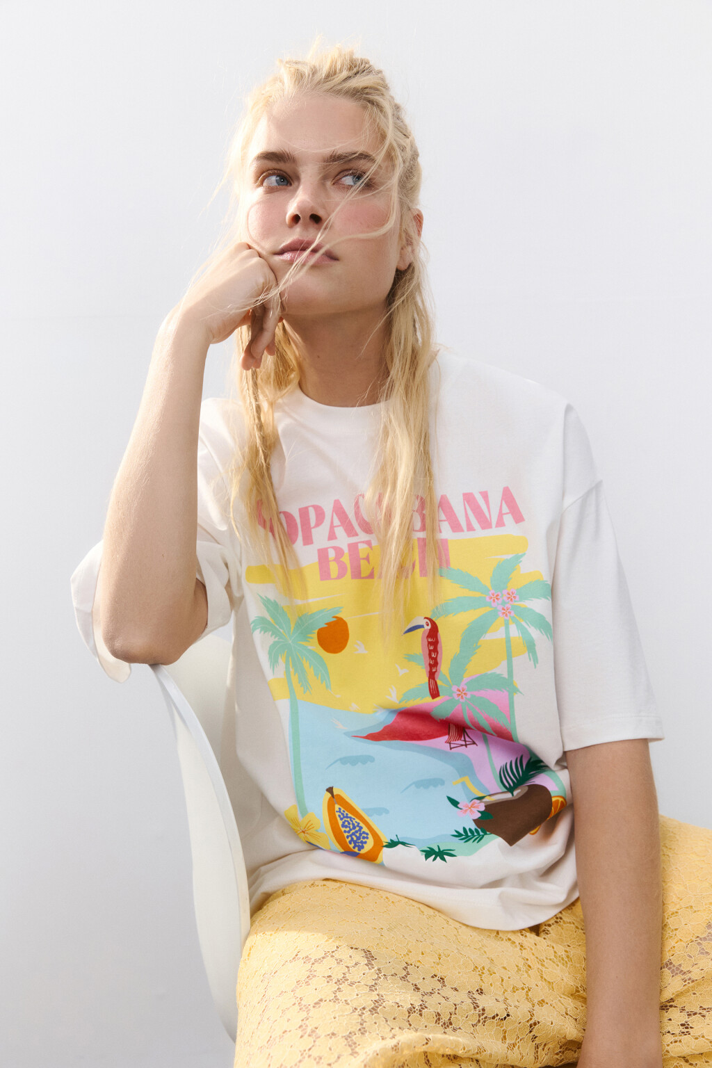 Футболка oversize хлопковая с принтом - цвет бежевый - 2