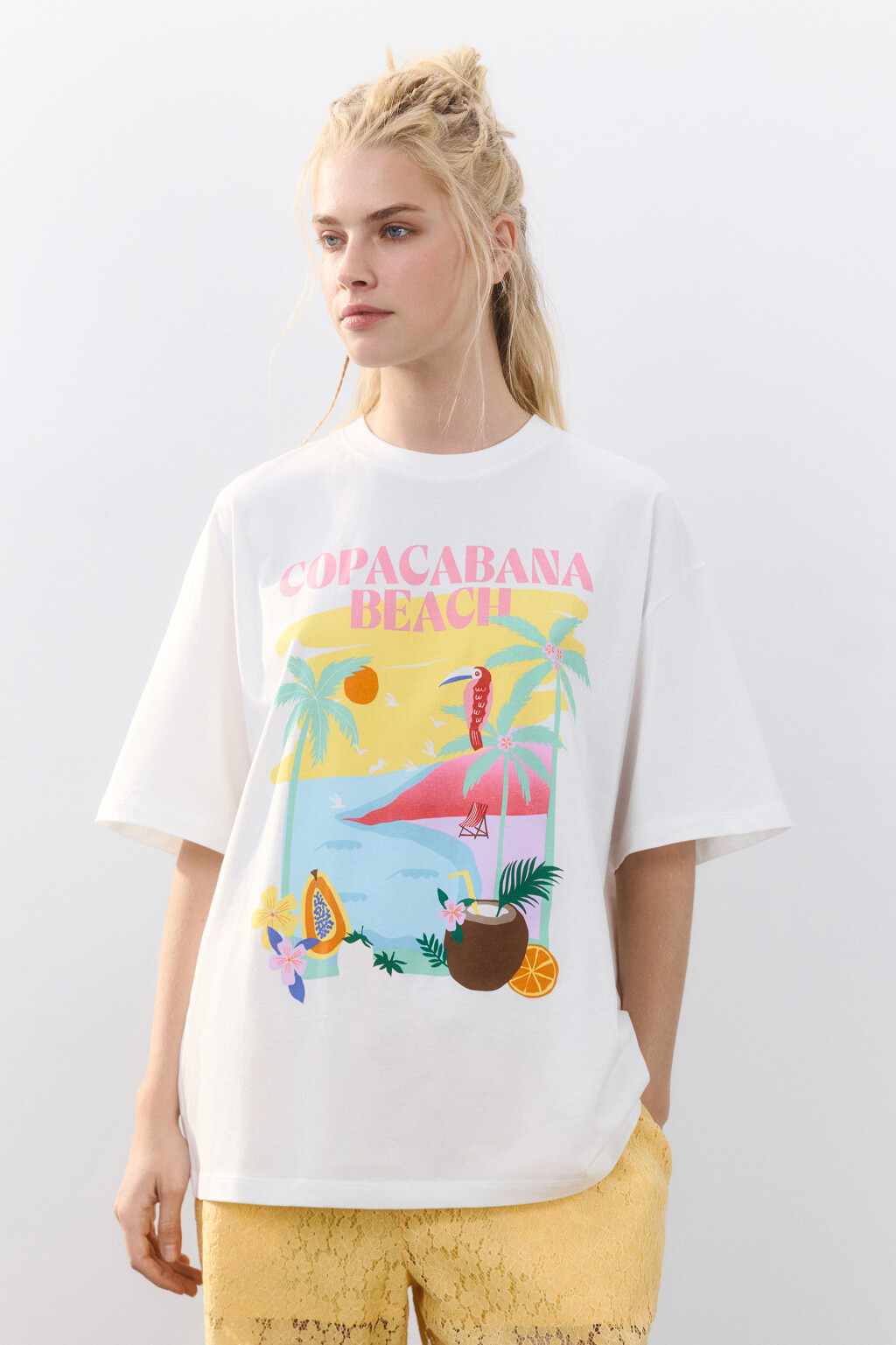 Футболка oversize хлопковая с принтом - цвет бежевый - 3