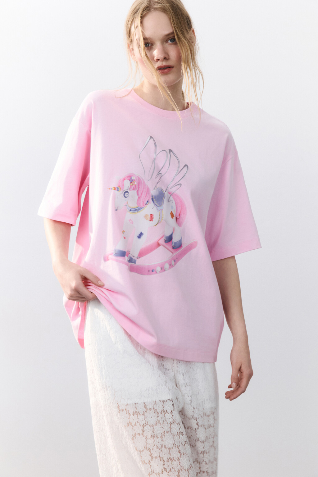 Футболка хлопковая с принтом - цвет розовый - 1