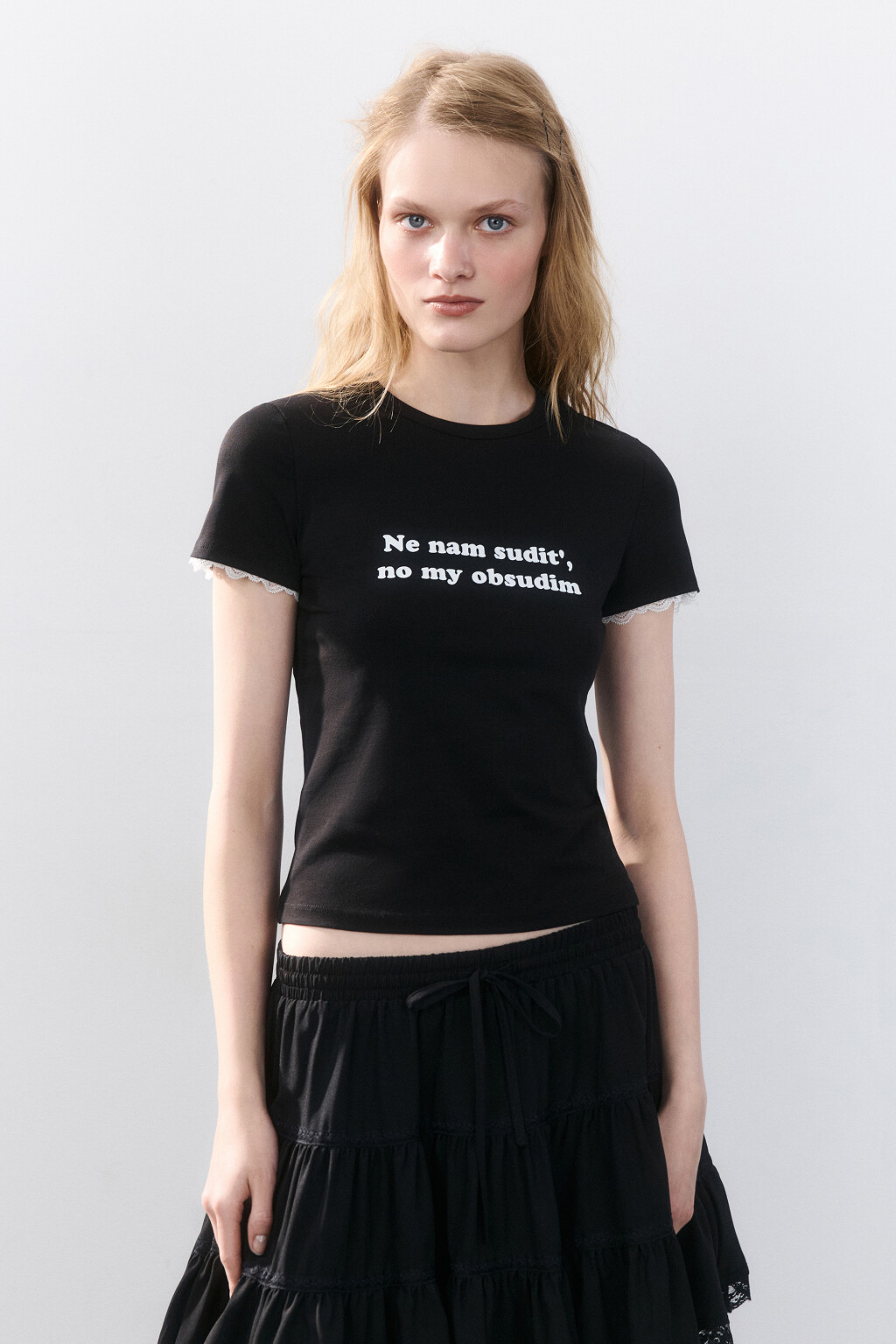 Футболка с принтом и кружевом - цвет черный - 2