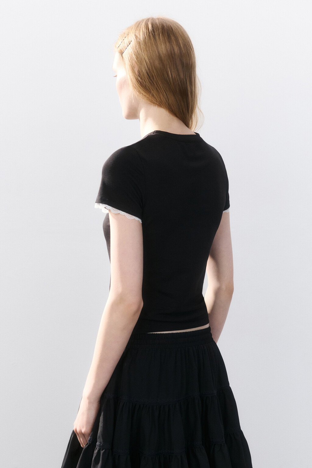 Футболка с принтом и кружевом - цвет черный - 3