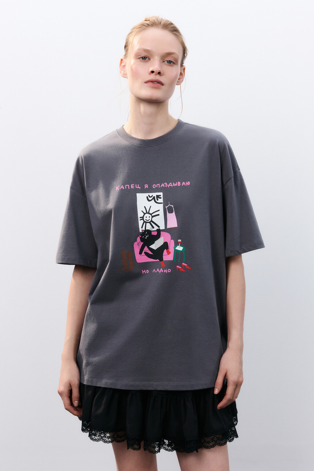 Футболка свободная с принтом - цвет серый - 2