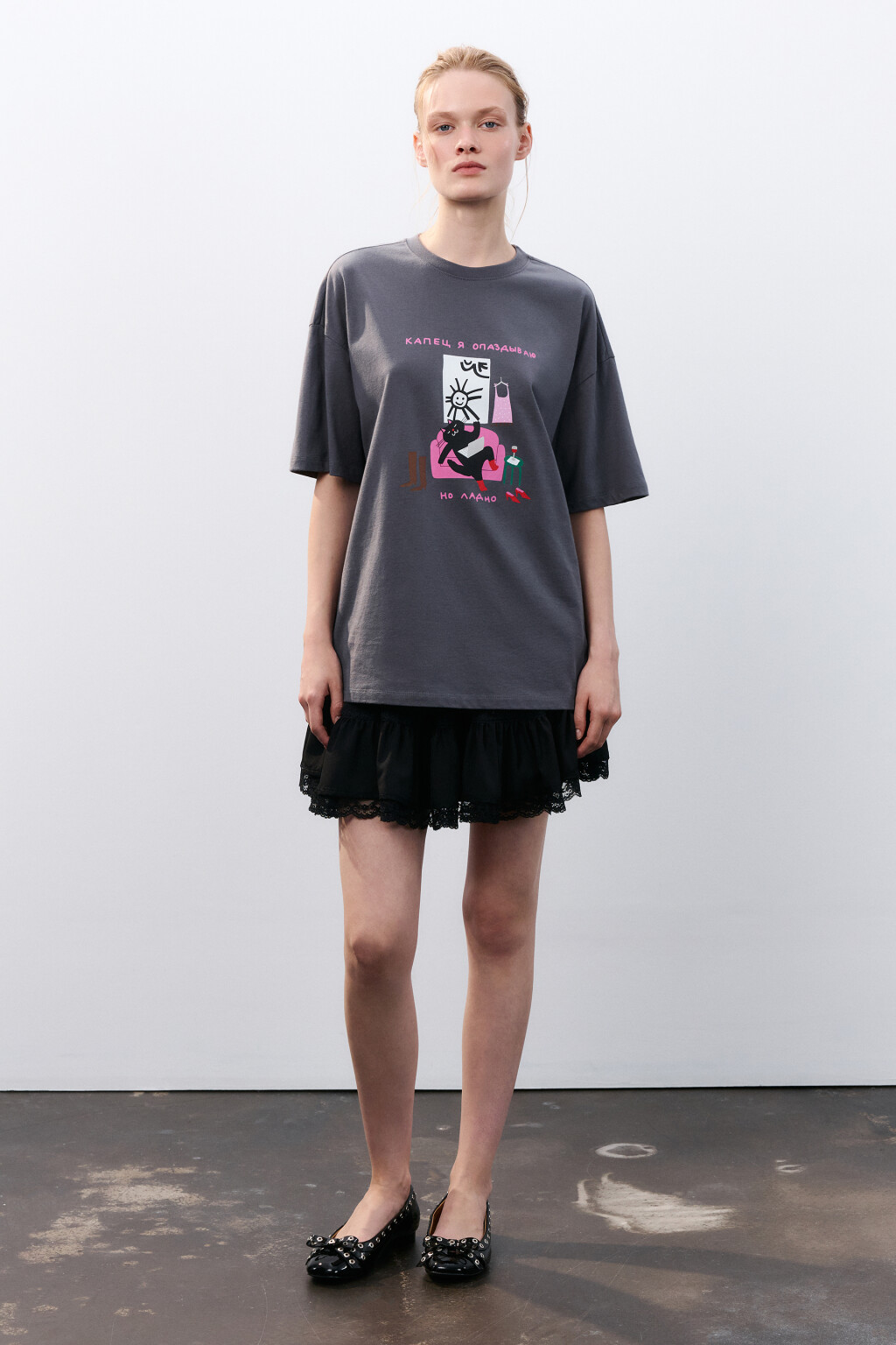 Футболка свободная с принтом - цвет серый - 4