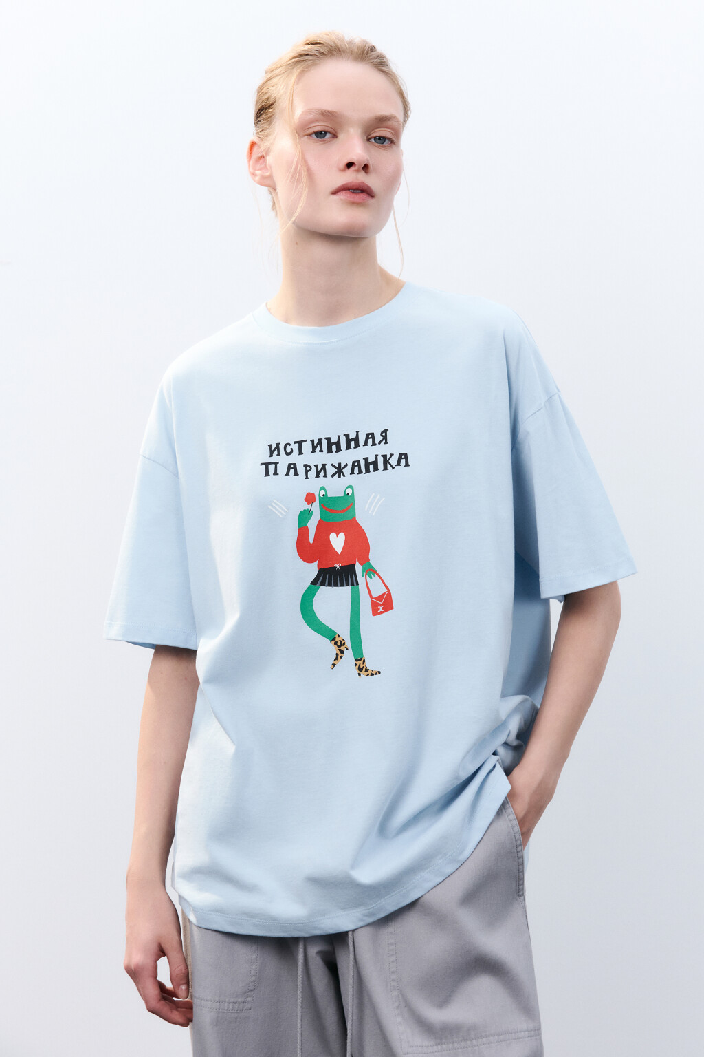 Футболка свободная с принтом - цвет голубой - 2