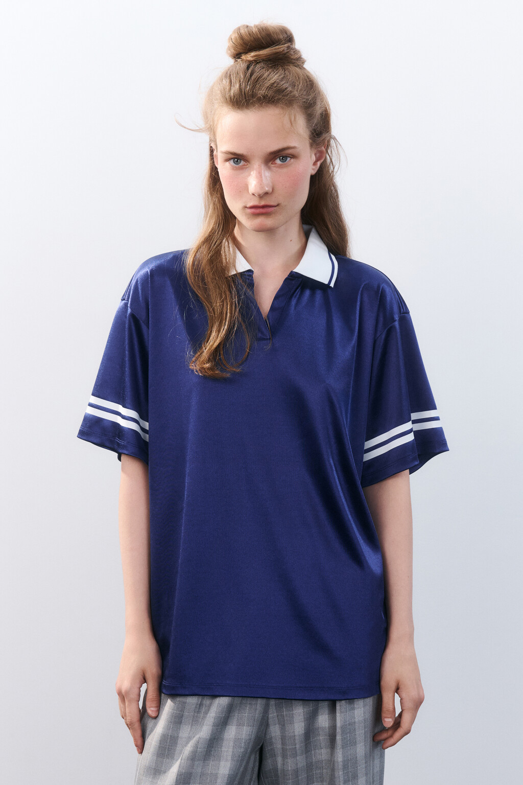 Футболка-поло oversize атласная - цвет синий - 2