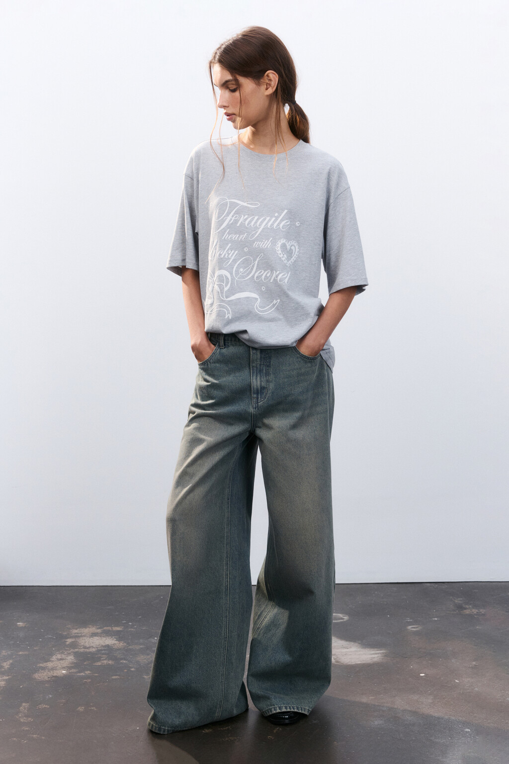 Футболка свободная с принтом - цвет серый - 1