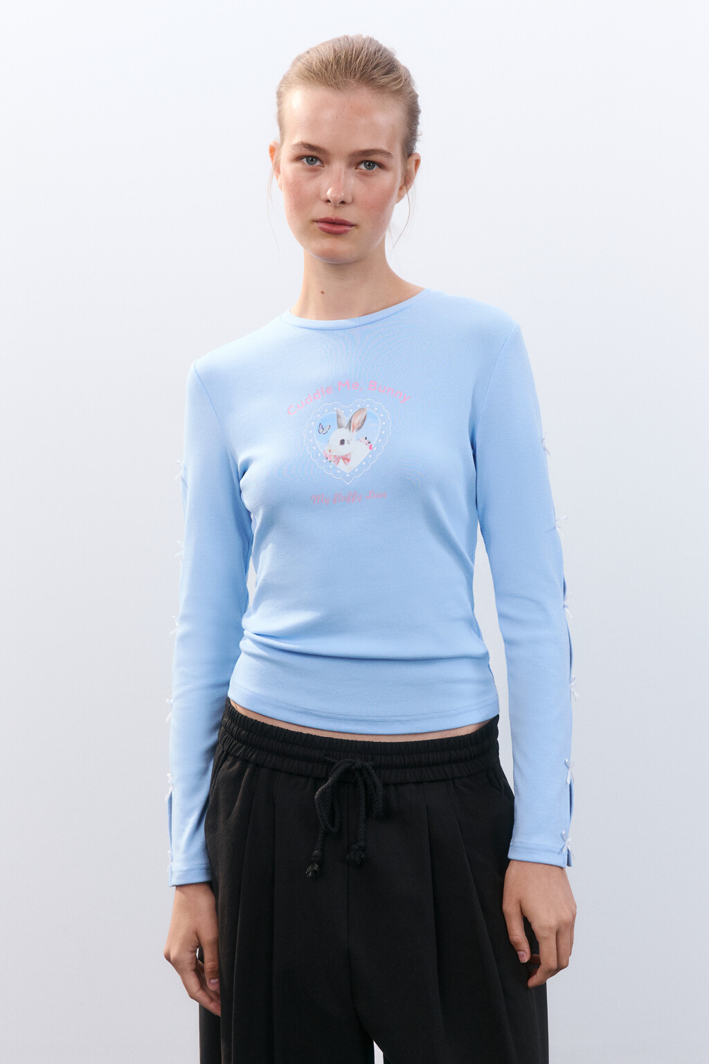 Лонгслив с принтом и бантиками - цвет голубой - 3