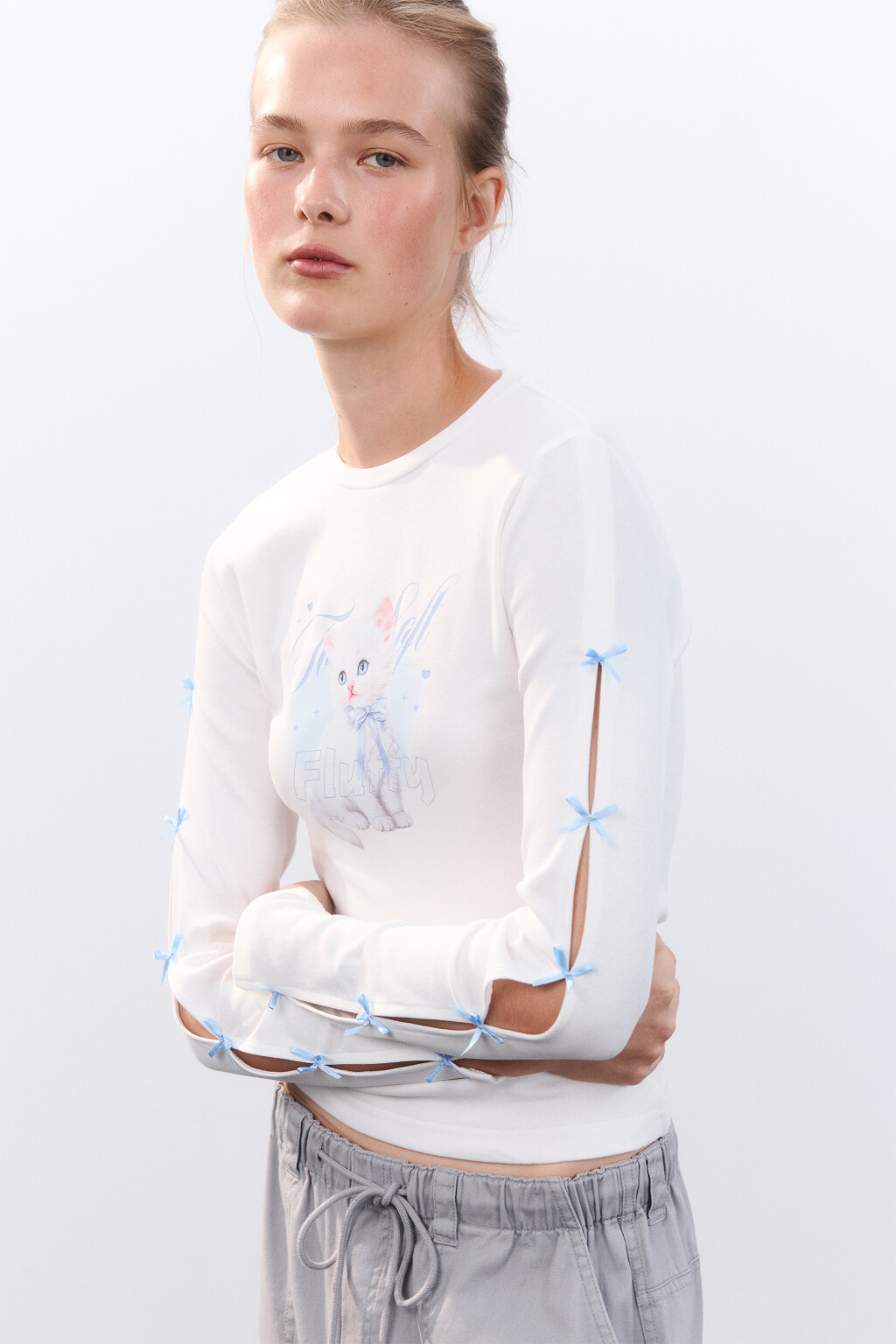 Лонгслив с принтом и бантиками - цвет белый - 1