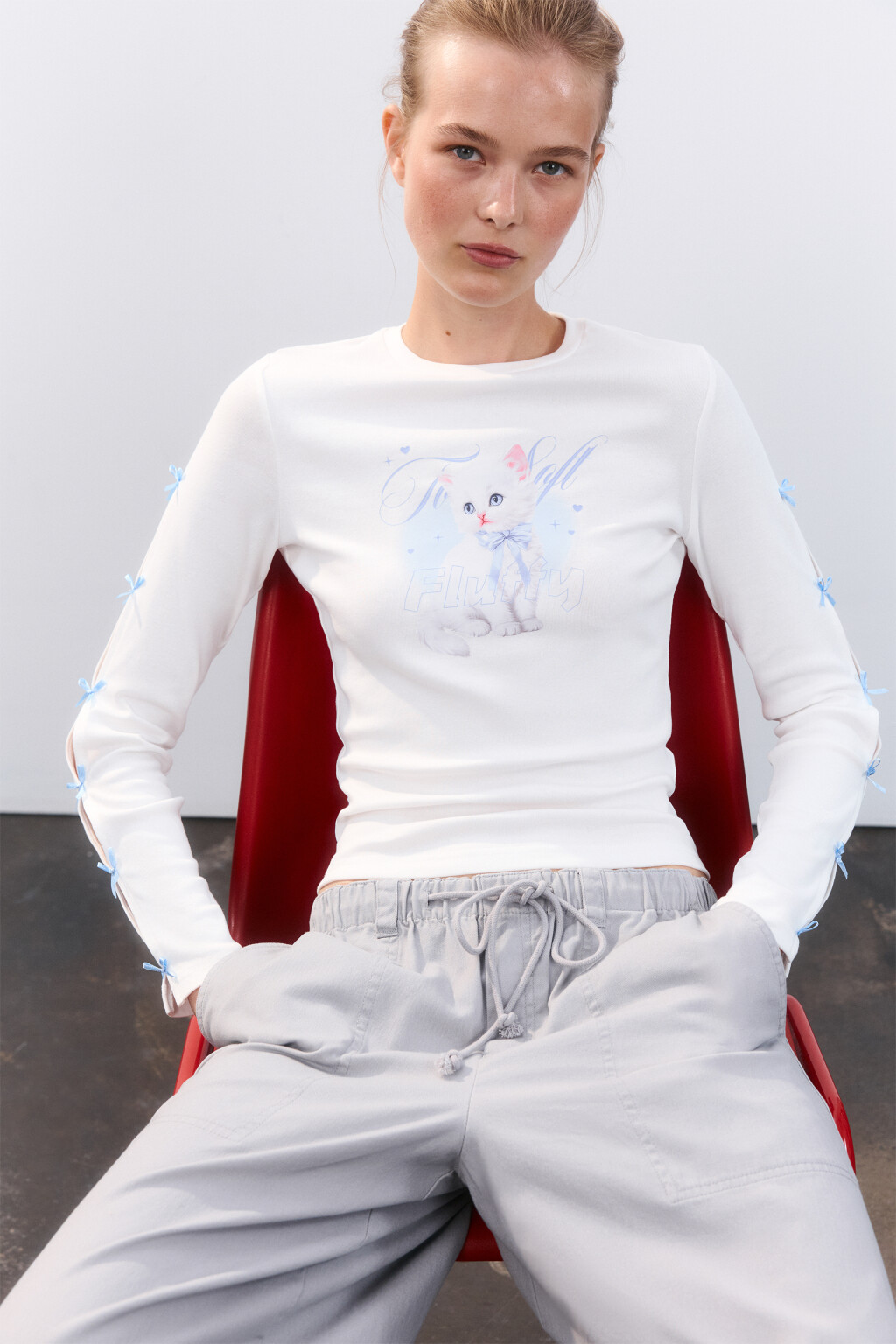 Лонгслив с принтом и бантиками - цвет белый - 2