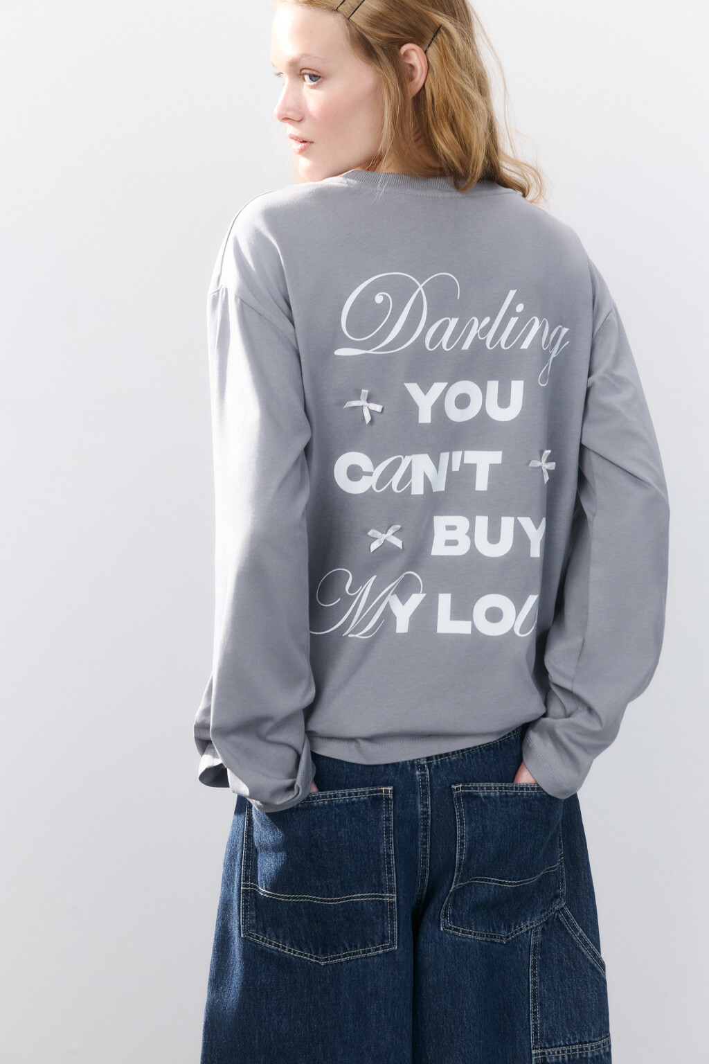 Лонгслив хлопковый с принтом - цвет серый - 1