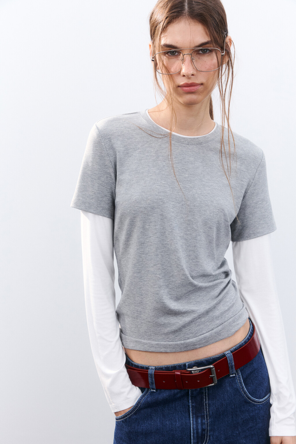 Лонгслив вискозный с двойными рукавами - цвет серый - 1