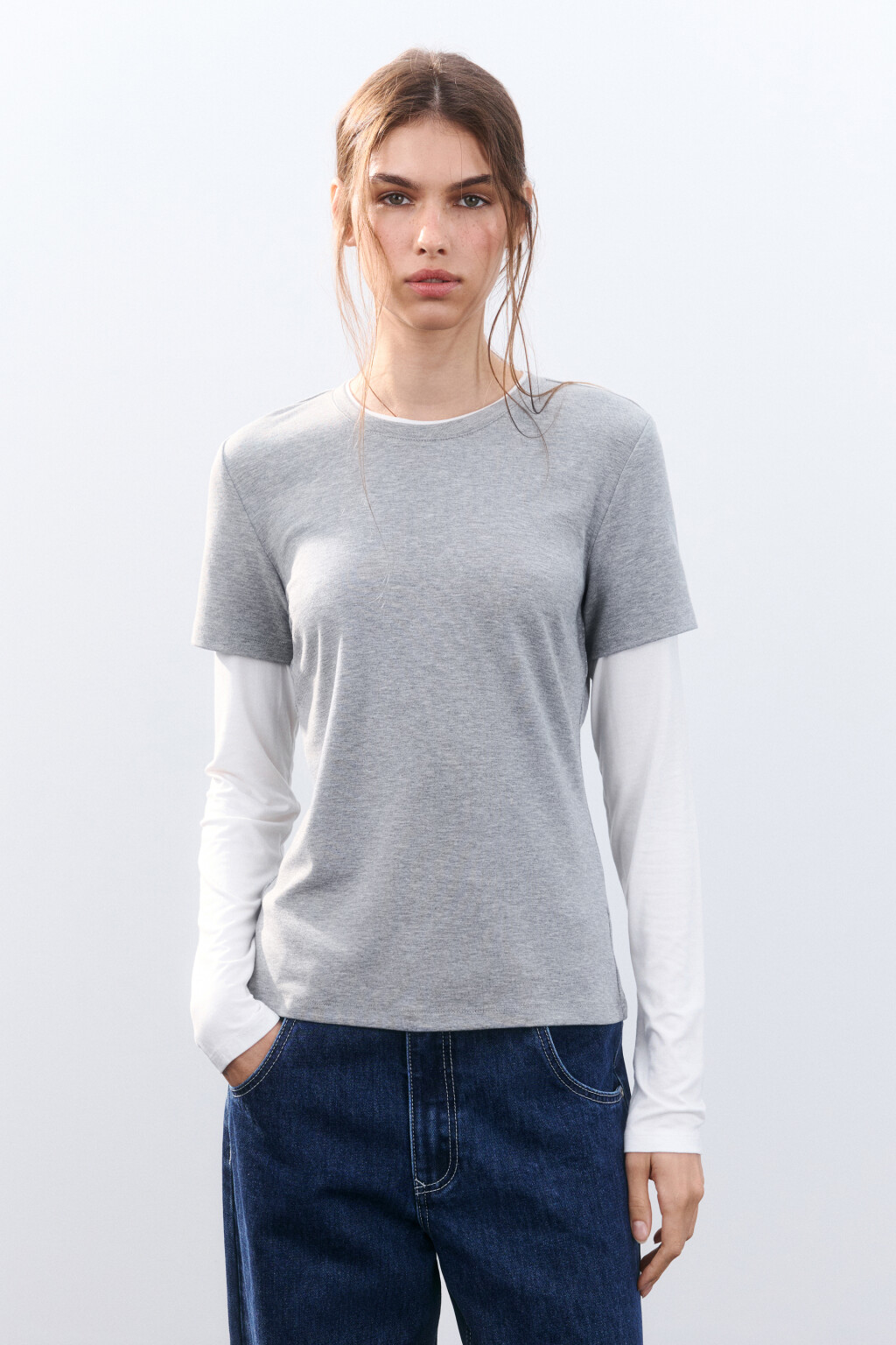 Лонгслив вискозный с двойными рукавами - цвет серый - 2