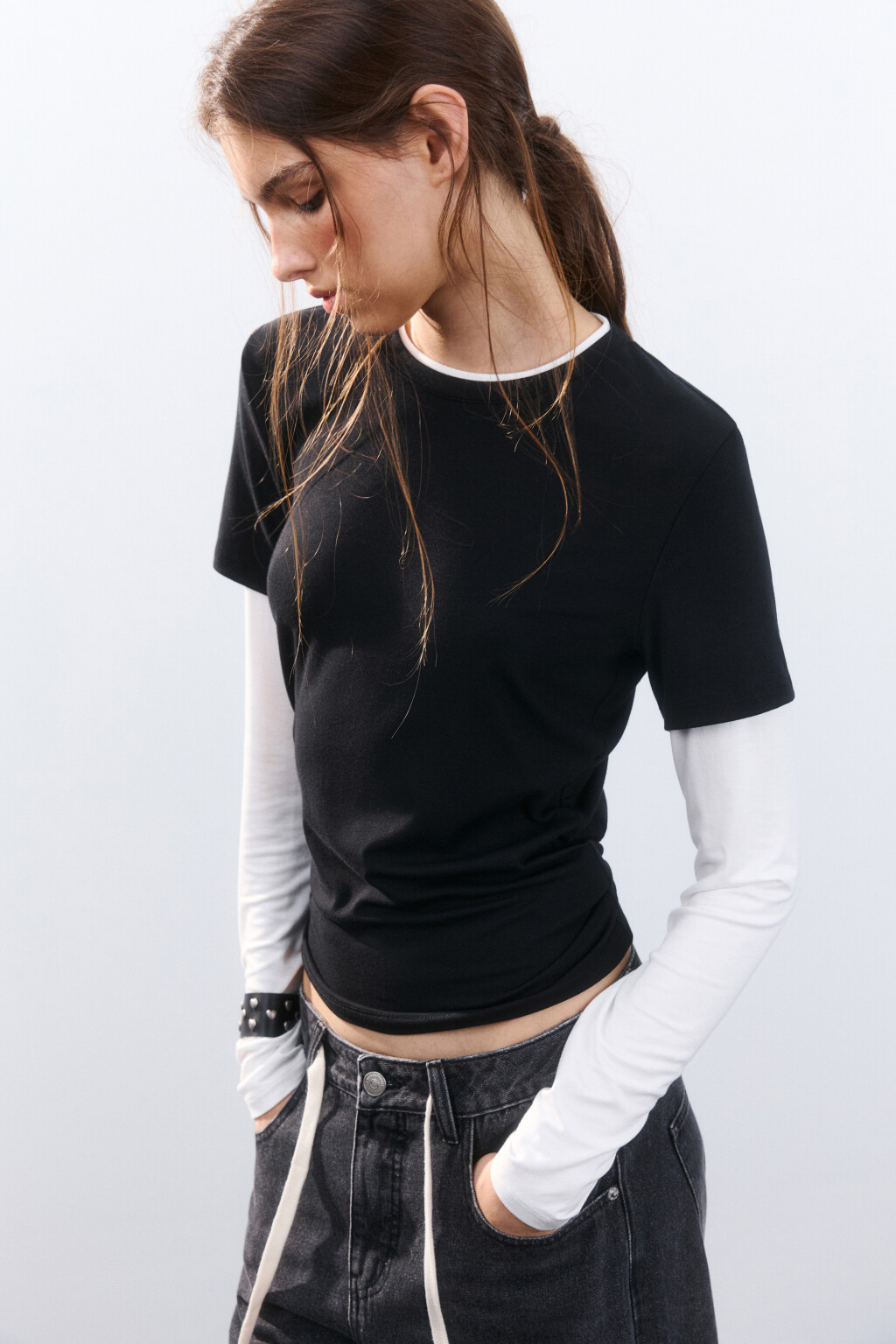 Лонгслив вискозный с двойными рукавами - цвет черный - 1