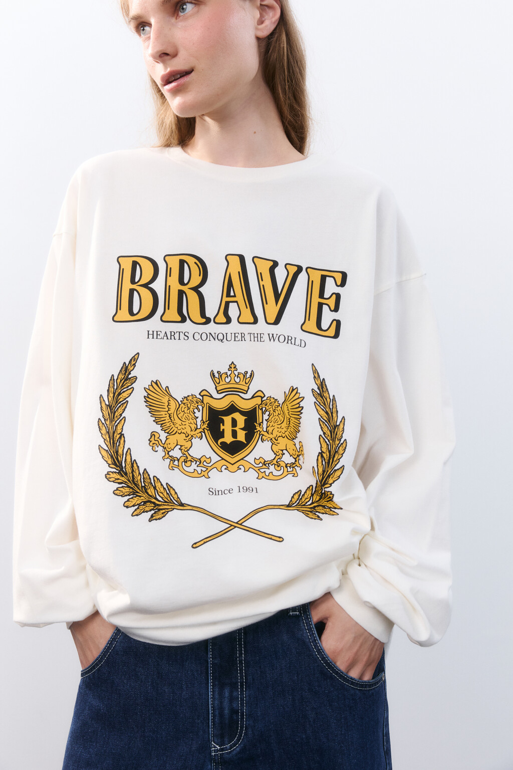 Лонгслив с университетским принтом - цвет бежевый - 1