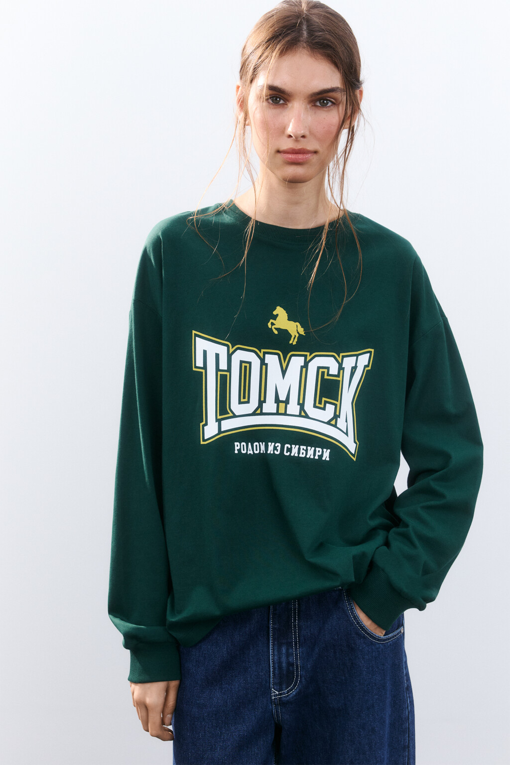 Лонгслив хлопковый с принтом - цвет зеленый - 1