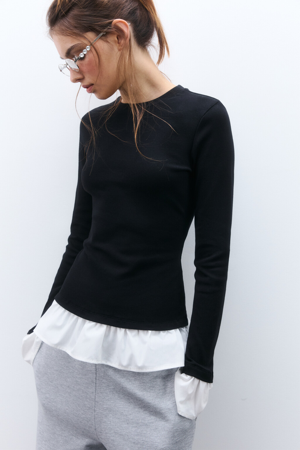 Лонгслив облегающий с оборками - цвет черный - 1