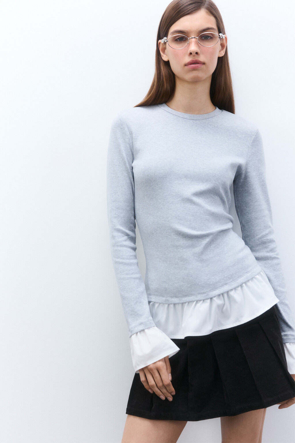 Лонгслив облегающий с оборками - цвет серый - 1