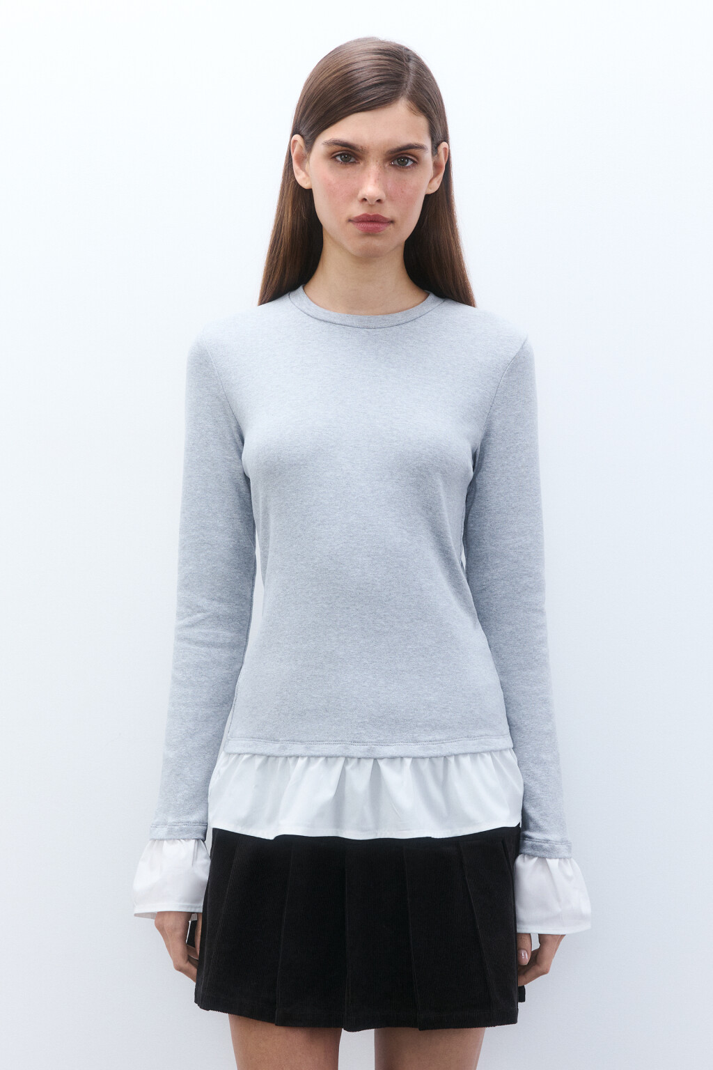 Лонгслив облегающий с оборками - цвет серый - 2