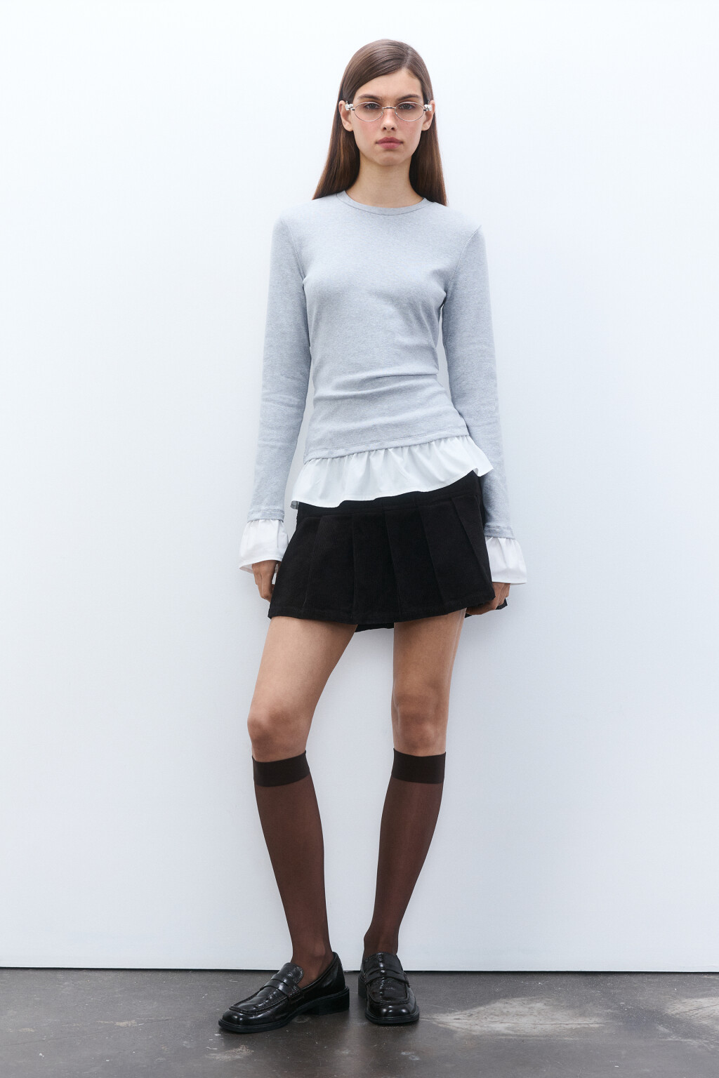 Лонгслив облегающий с оборками - цвет серый - 4