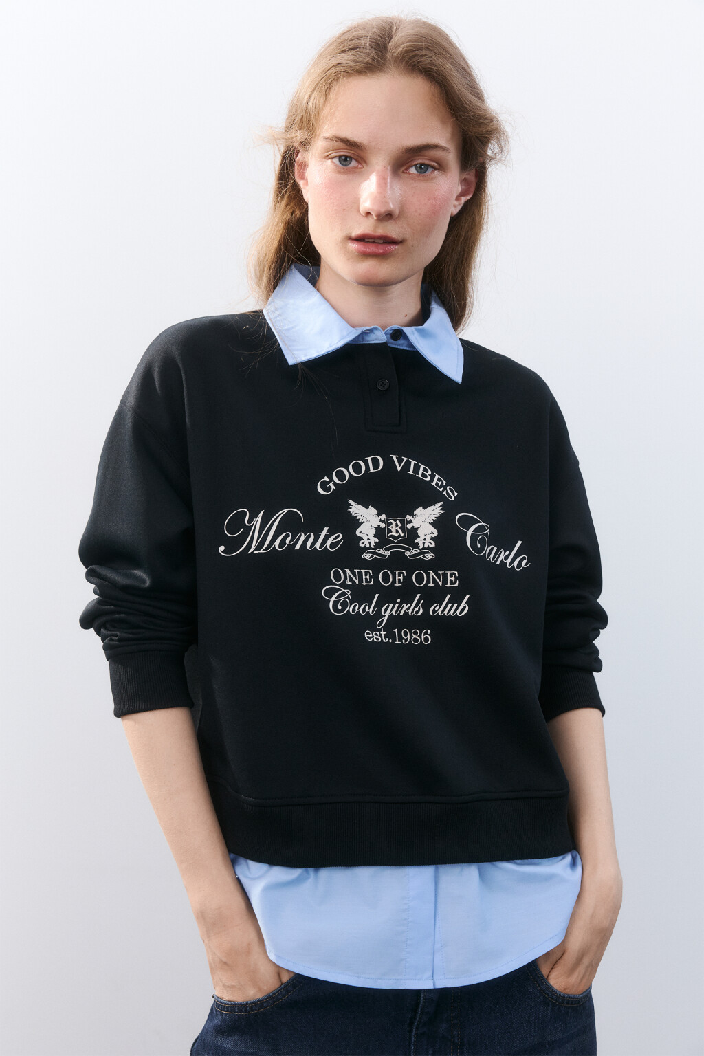 Свитшот с имитацией рубашки - цвет черный - 1