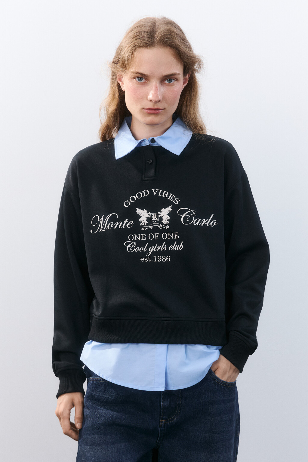 Свитшот с имитацией рубашки - цвет черный - 2