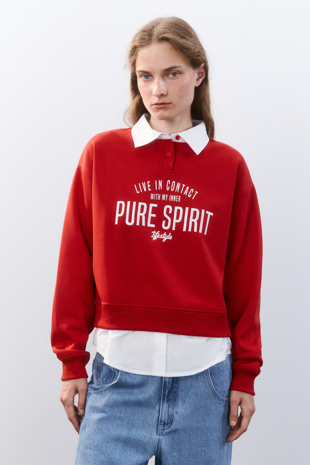 Свитшот с имитацией рубашки - цвет красный - 2