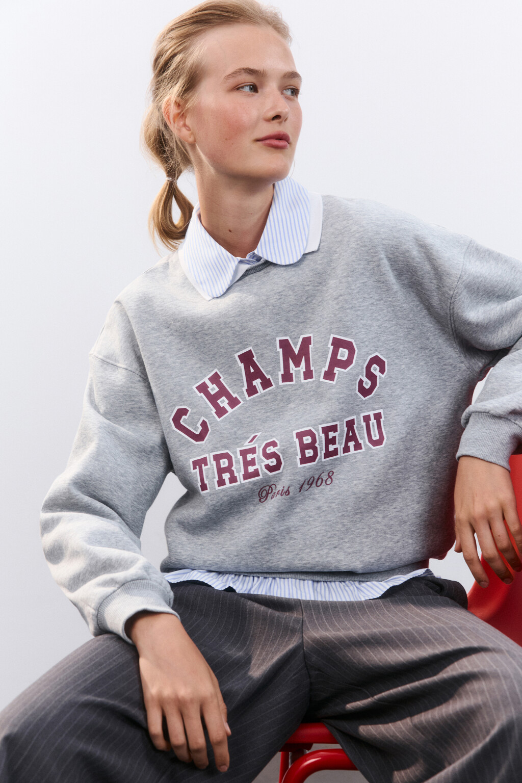 Свитшот с воротником и принтом - цвет серый - 1