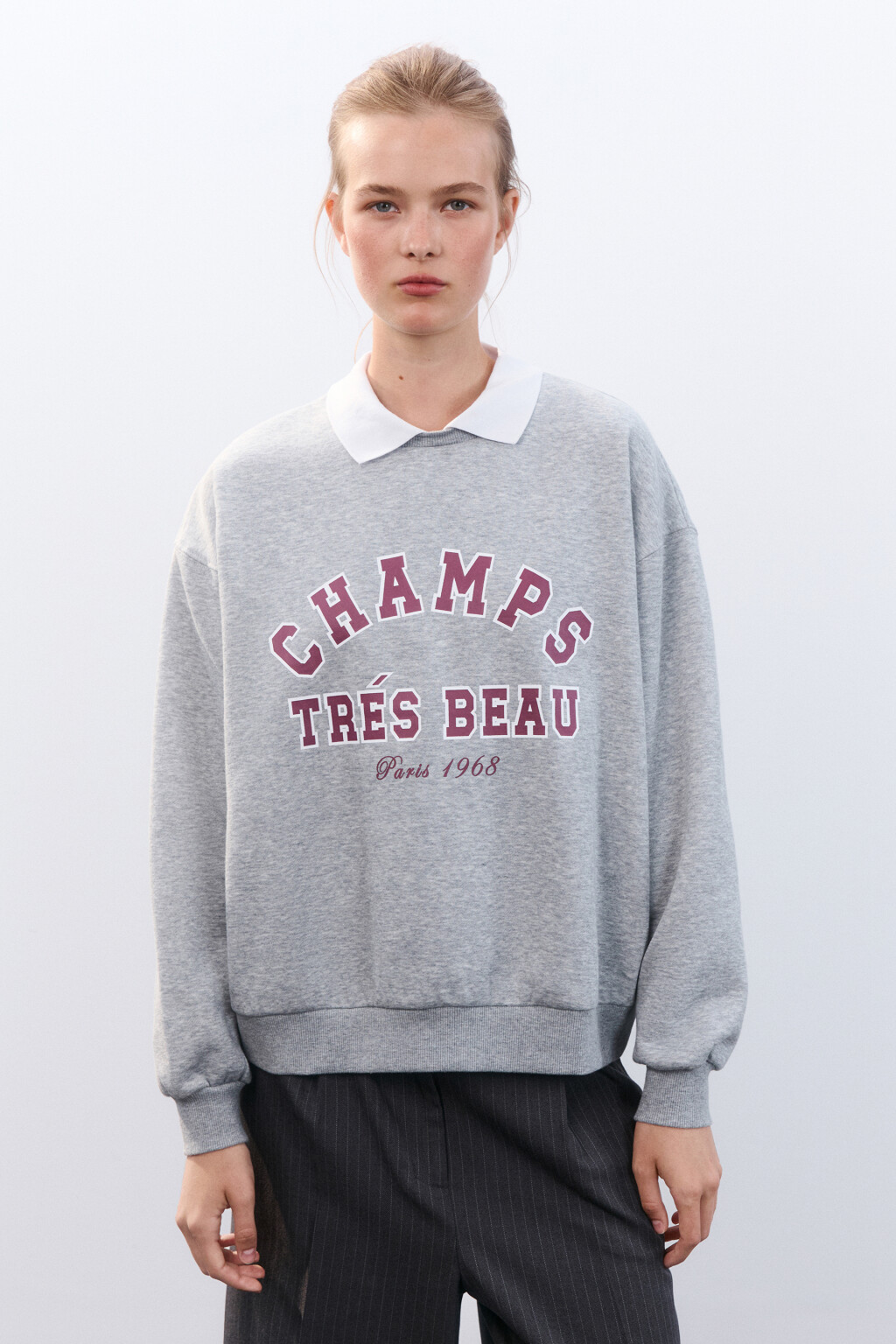 Свитшот с воротником и принтом - цвет серый - 2