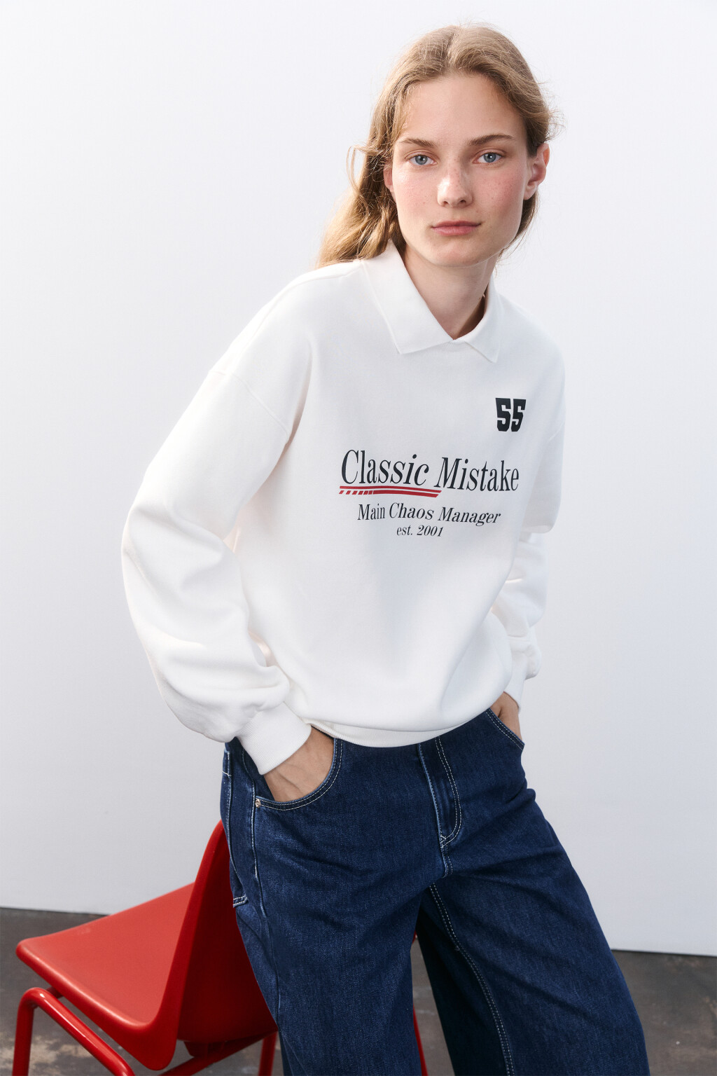 Свитшот с воротником и принтом - цвет белый - 1