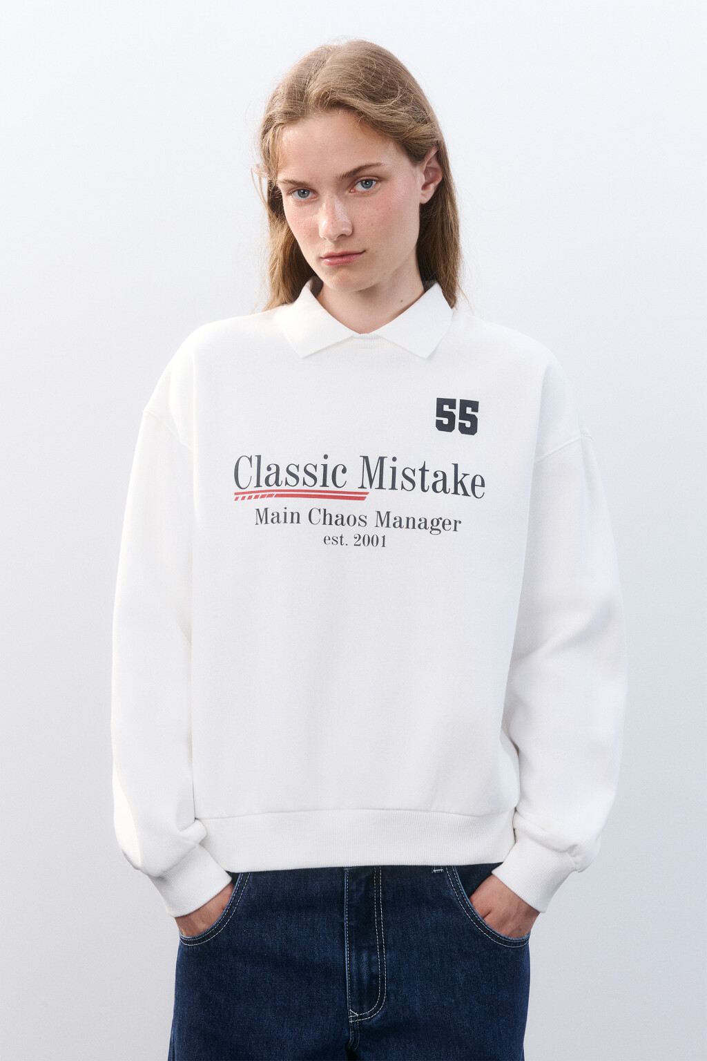 Свитшот с воротником и принтом - цвет белый - 2